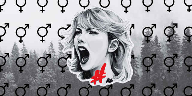 an image of a misty forest is coverd with a repeating pattern of the combo venus and mars signs, representing bisexuality. all is black and white. on top, an illustration of taylor swift's face yelling or singing floats with a red hashtag over her throat