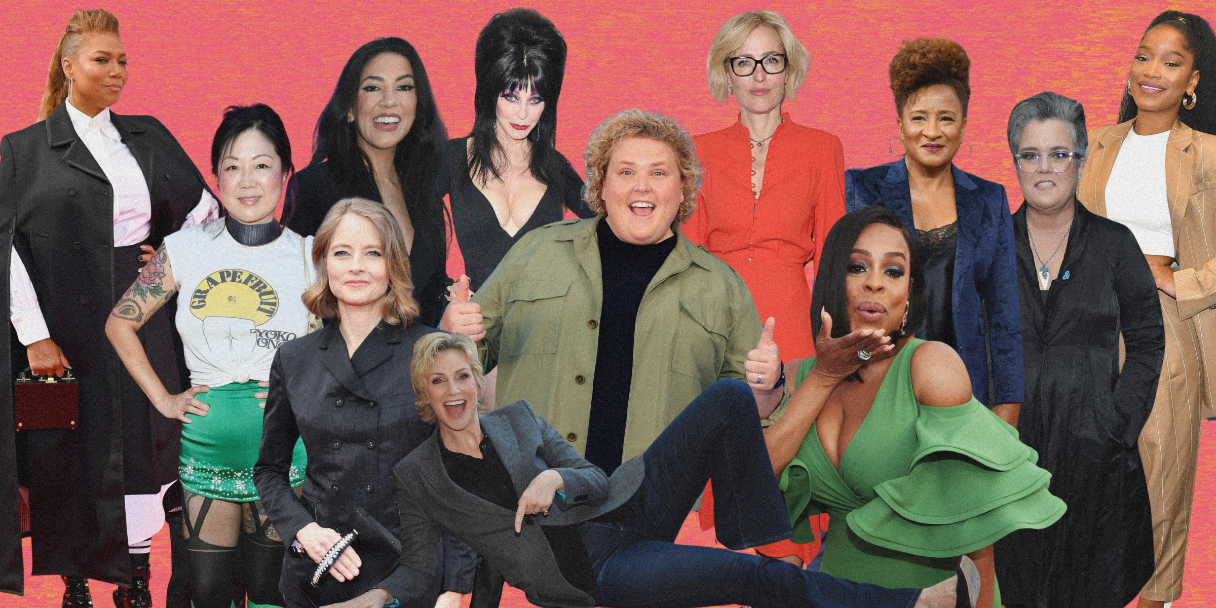 a collage of lesbian actors including rosie o'donnell, keke palmer, fortune feimster, jodi foster, stephanie beatriz, queen latifah, elviara, jane lynch and jodie foster