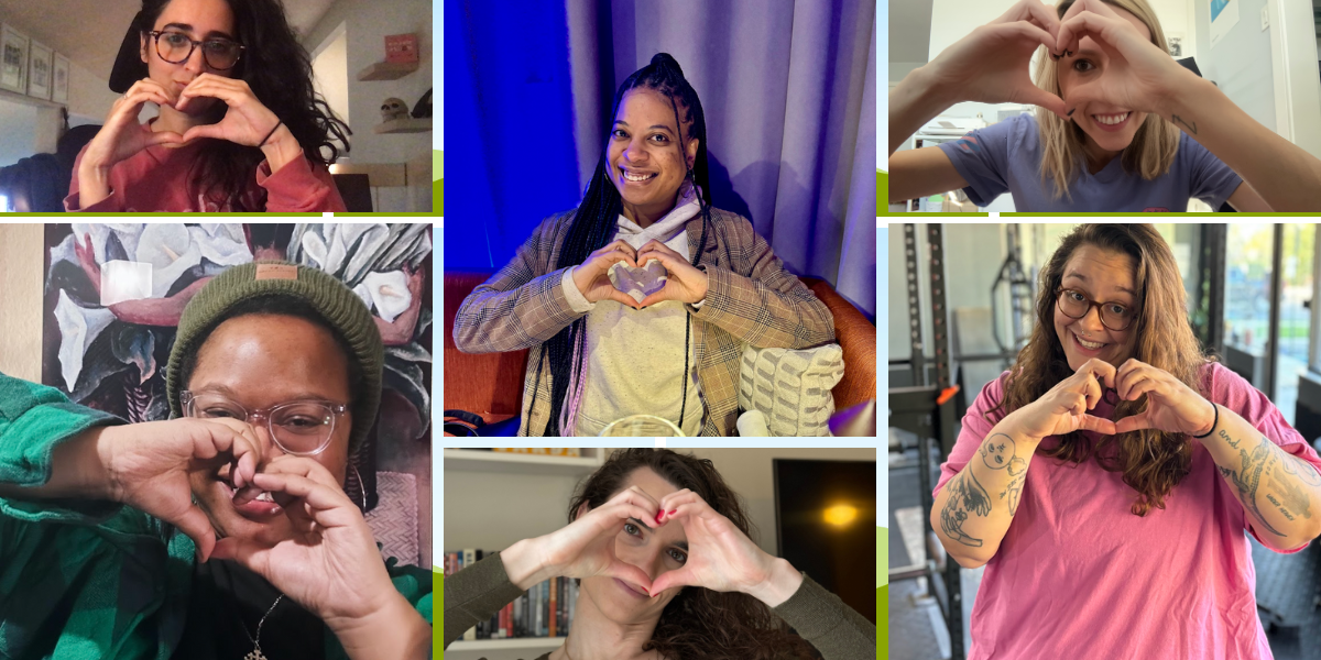 a collage of kayla, carmen, nic, drew, riese, and stef all making hearts with their hands