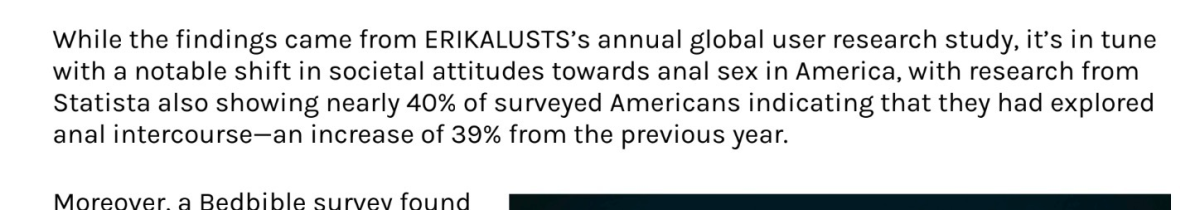 While the findings came from ERIKALUST'S annual global user research study, it's in tune with a notable shift in societal attitudes towards anal sex in America, with research from Statista also showing nearly 40% of surveyed Americans indicating that they had explored anal intercourse - an increase of 39% from the previous year.