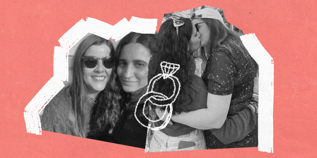 Kristen and Kayla taking a selfie in the sun and Kristen and Kayla kissing at Pride, overlaid with a set of engagement rings