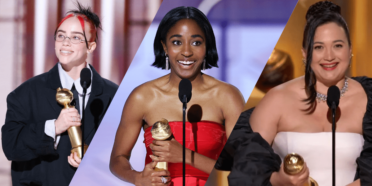 Billie Eilish, Ayo Edelbi, and Lily Gladstone accepting their golden globe awards