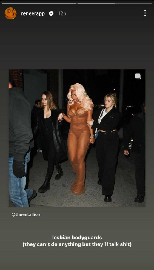 Renee Rapp and Chloe Delevigne walking while holding Megan Thee Stallion between them