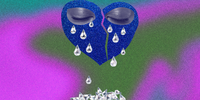 a blue broken heart with eyes crying jewel tears