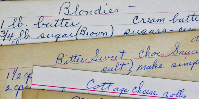 old fashioned recipe cards with cursive recipes written on them for blondies