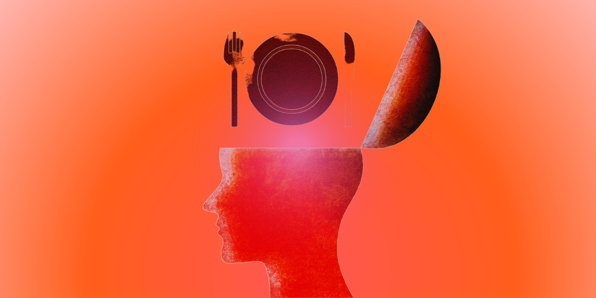 an abstract head that is open with a dish and cutlery coming out of it