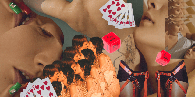 a collage of elements including two women kissing, more people kissing and bodies, a strap-on harness, dice, playing cards and a blue watery background