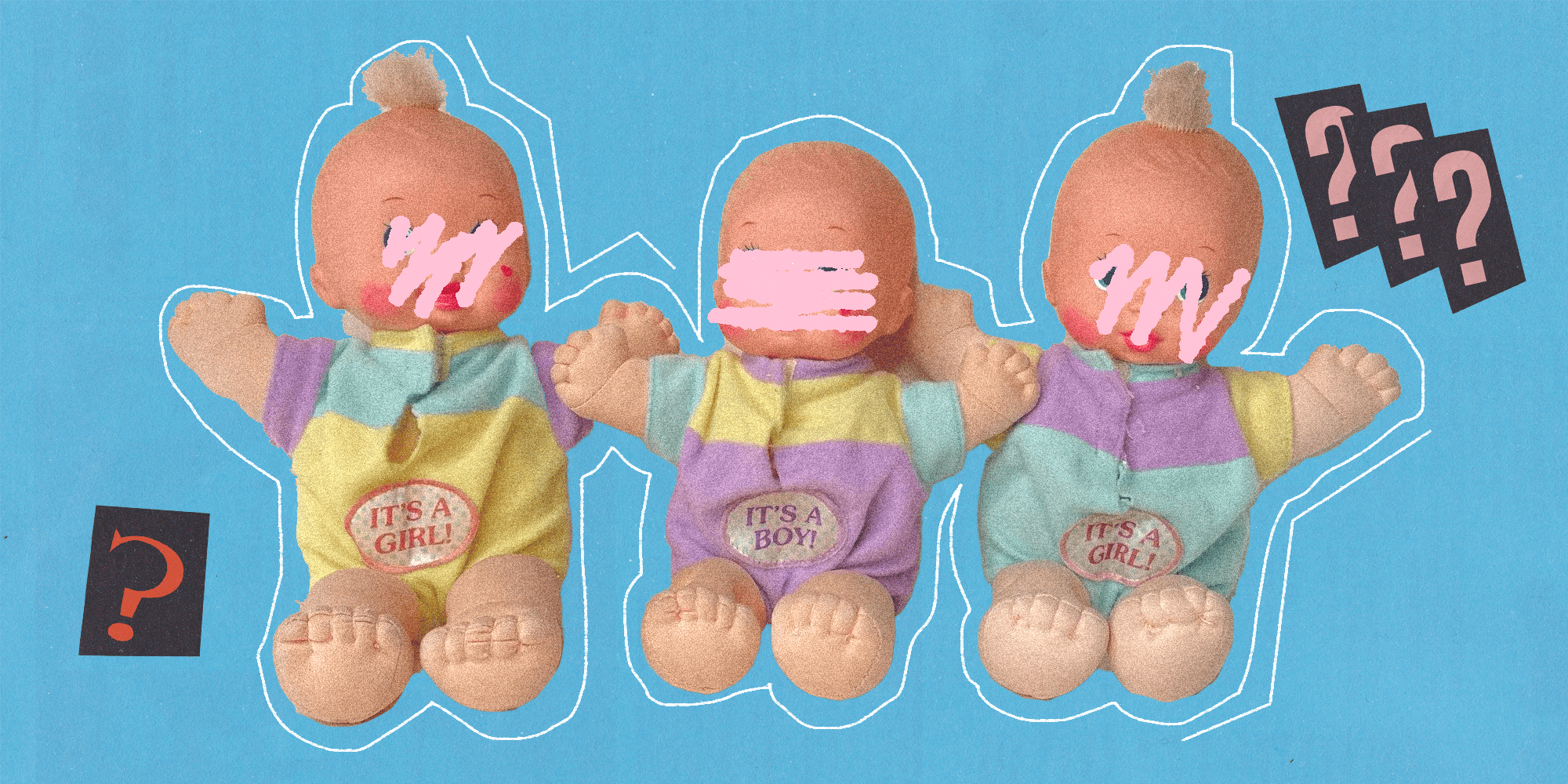 a collage of three baby dolls on a blue background with magazine cutout question marks all around them
