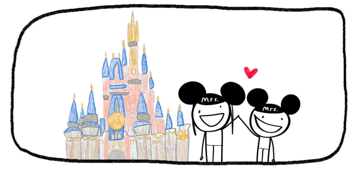 cartoon: two disney adults in front of the magic kingdom