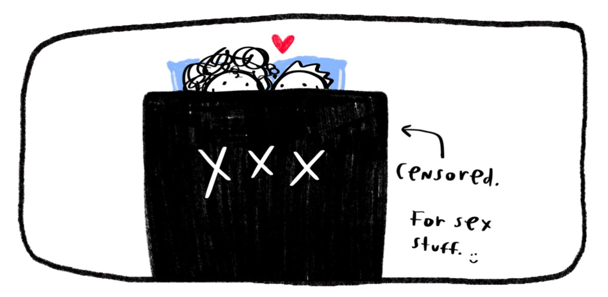 lesbian love languages cartoon for "sex": two people in bed behind an XXX block, "censored for sex stuff"