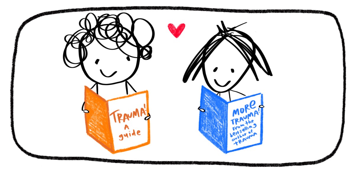 cartoon: two lesbians reading books about trauma