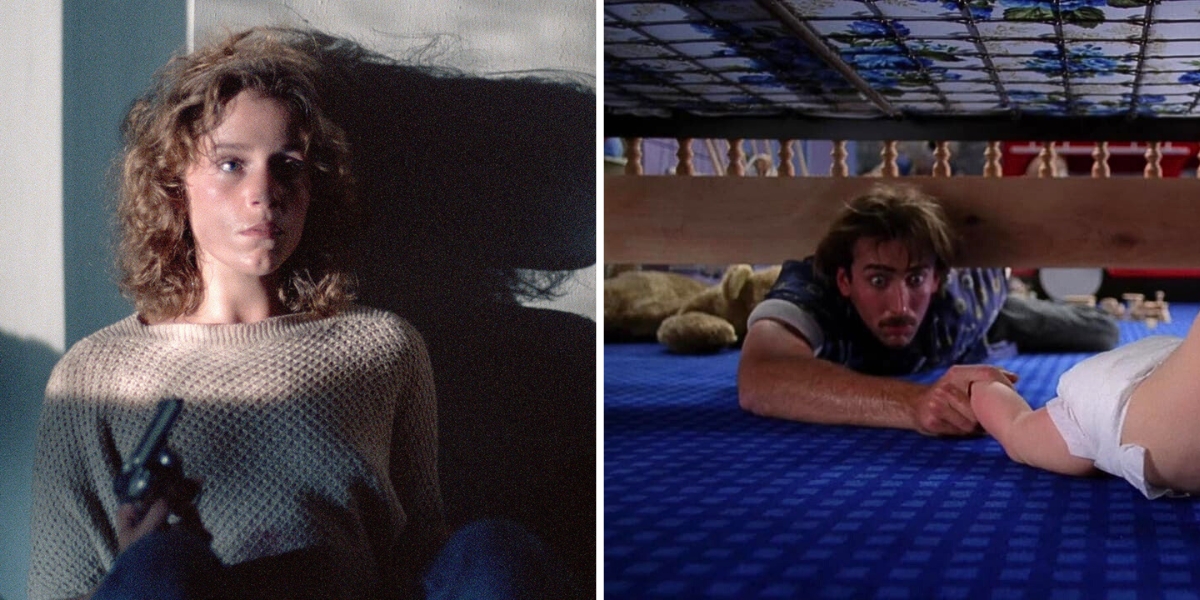 Side by side images of Frances McDormand holding a gun cloaked in shadows in Blood Simple and Nicolas Cage reaching for a baby leg under a crib in Raising Arizona