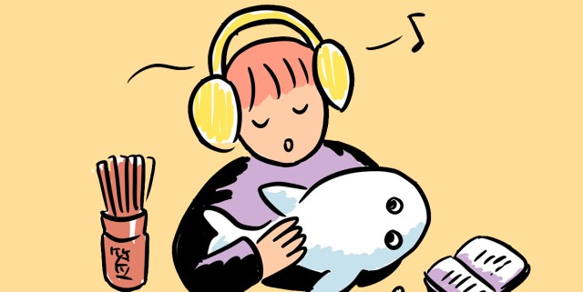 In an illustration, Baopu, a queer Asian with red hair, is holding a stuffed animal shaped like a shark and listening to music in yellow headphones.