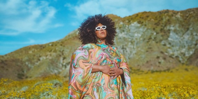 Brittany Howard What Now: Howard stands in a yellow field with mountains and a blue sky behind her wearing white sunglasses and a colorful dress.