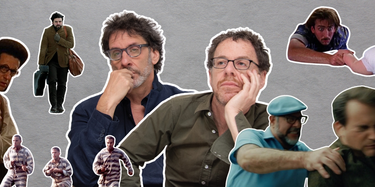 A collage of the Coen brothers with images around them from Barton Fink, Inside Llewyn Davis, Raising Arizona, A Serious Man, and O Brother Where Art Thou
