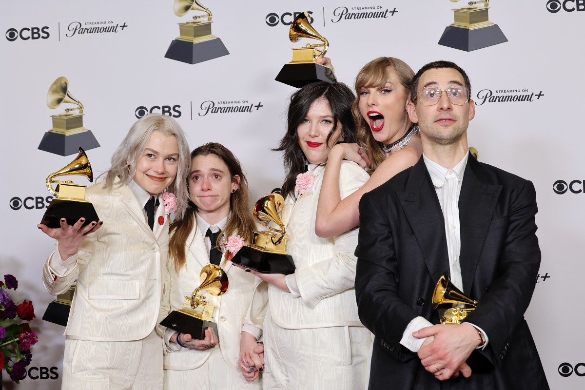 LOS ANGELES, CALIFORNIA - FEBRUARY 04: (FOR EDITORIAL USE ONLY) (L-R) Phoebe Bridgers, Julien Baker, and Lucy Dacus of Boygenius, winner of the "Best Rock Performance" award for "Not Strong Enough", the "Best Rock Song" award for “Not Strong Enough”, and the "Best Alternative Music Album" award for "The Record", pose with Taylor Swift, winner of the "Album of the Year" and "Best Pop Vocal Album" awards for "Midnights", and Jack Antonoff, winner of "Producer of the Year, Non-Classical" in the press room during the 66th GRAMMY Awards at Crypto.com Arena on February 04, 2024 in Los Angeles, California. (Photo by Kayla Oaddams/WireImage)