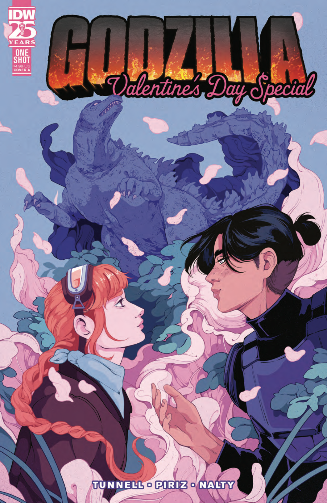 In the cover art for the Godzilla Valentine's Day Special, a sapphic couple (Penn and Lieutenant) make heart eyes for each over while Godzilla attacks in the background. 