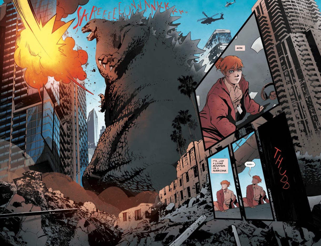 In a panel from the Godzilla Valentine's Day Comic Book Special, Godzilla attacks and Penn is working at the office.