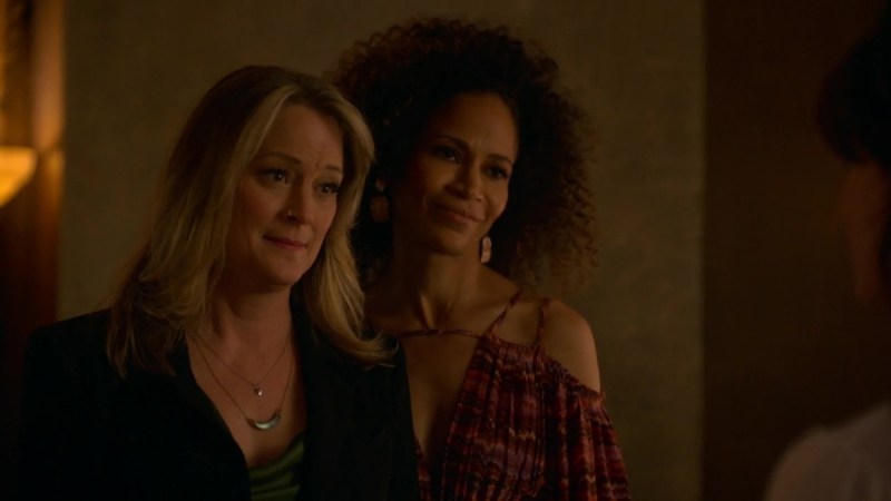 Stef and Lena (L to R) listen to Callie explain why she lied to the Hunters about an engagement party. 