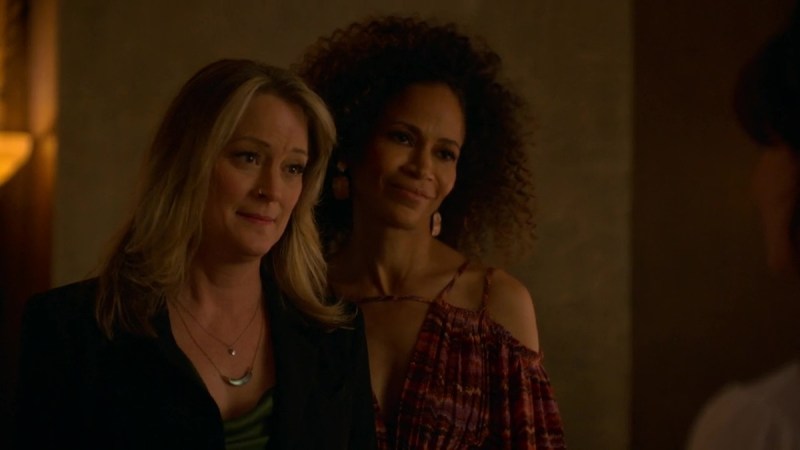 Stef and Lena (L to R) listen to Callie explain why she lied to the Hunters about an engagement party. 