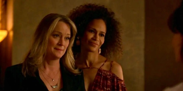 Stef and Lena (L to R) listen to Callie explain why she lied to the Hunters about an engagement party.