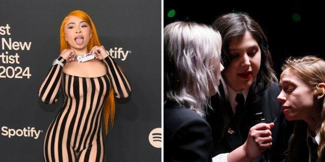 Gay 2024 Grammy Predictions: an image of Ice Spice posing on a red carpet next to a picture of boygenius on-stage