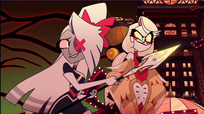 Hazbin Hotel Vaggie Charlie standing back to back in the final battle