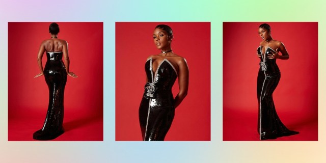 No Filter: three images of Janelle Monáe in their Grammys look against a multicolor background