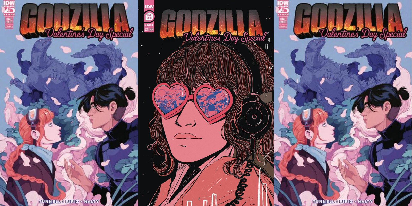 The 'Godzilla Valentine's Day Special' #1 cover art, by Dani Pendergast and M. Smith, is in shades of black, blue, and blush pink. In one cover a sapphic couple make heart eyes with each other while Godzilla is in the background. In the second cover a brunette femme has heart shaped sunglasses and we can see Godzilla in the reflection.