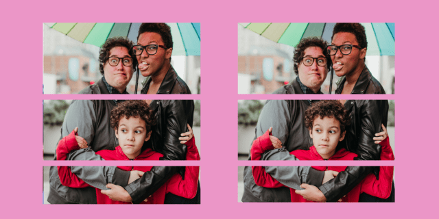 Two queer moms with their son, collaged together with solid color pink elements.