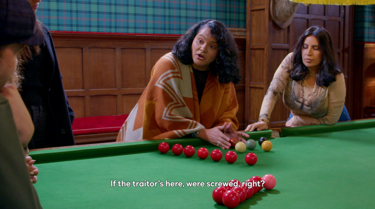 Sandra Diaz-Twine explains her strategy for moving forward using pool balls, saying “If the traitor’s here, we’re screwed, right?”