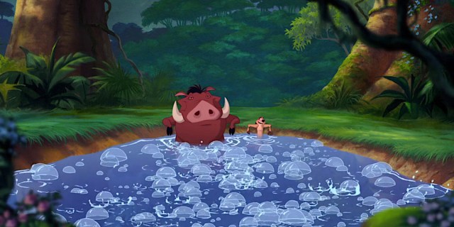 The Lion King 1 ½: Timon and Pumbaa sit next two each other in a hot spring.