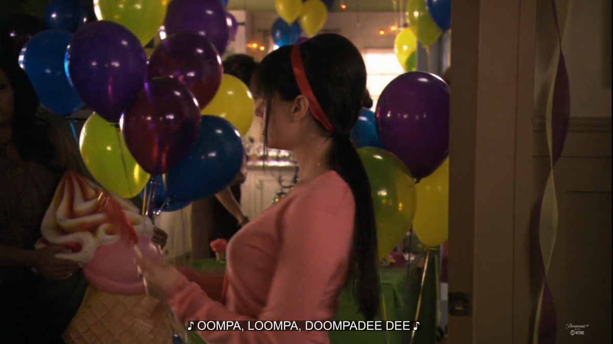 Jenny Schecter setting up a Willy Wonka party with the words OOMPA LOOMPA DOOMPADEE DEE in the subtitles