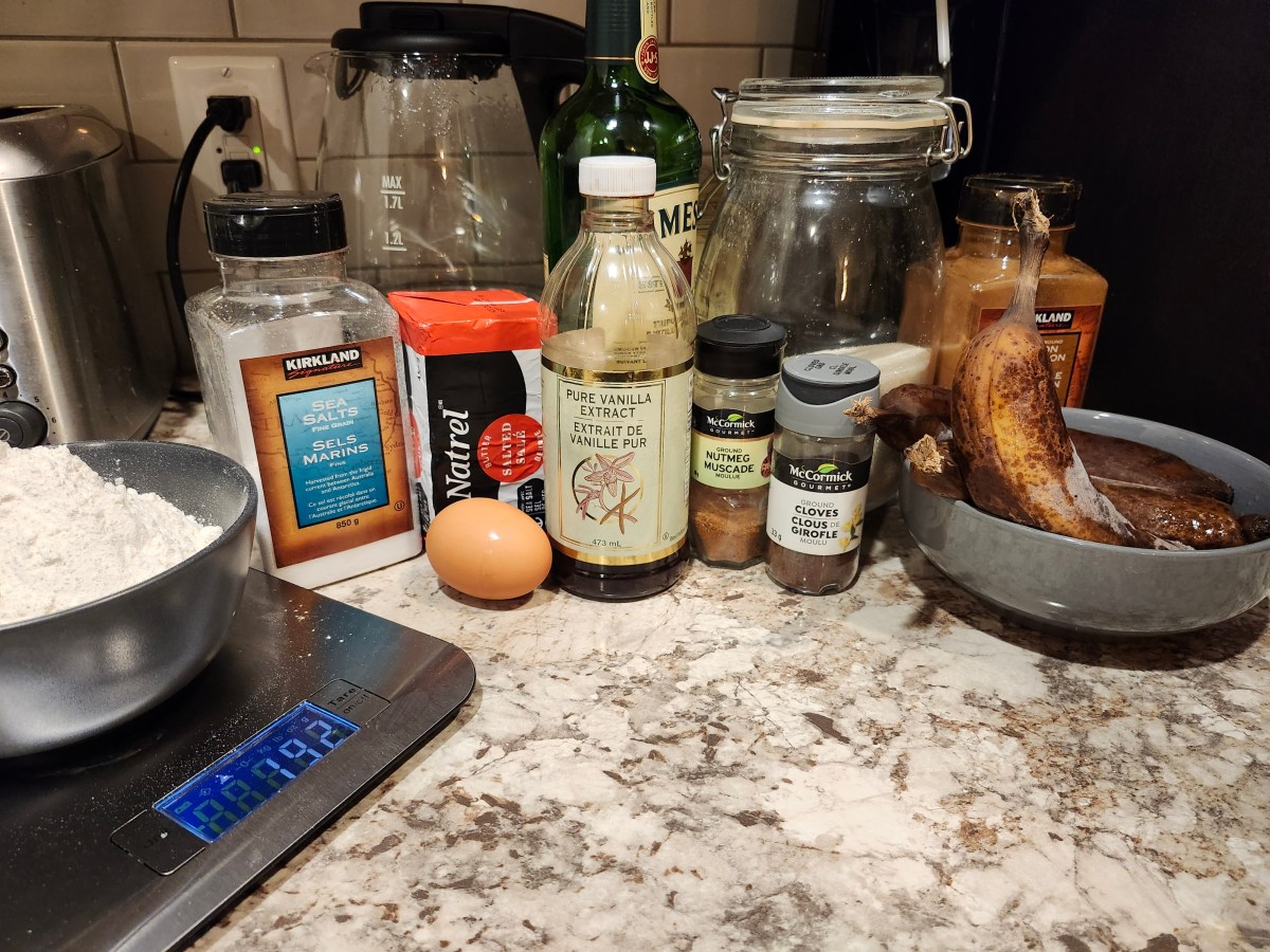 ingredients for banana bread lined up on a counter