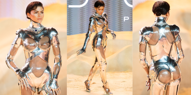 Zendaya ất the Dune: Part 2 premiere in a shiny silver robot suit and a slicked back bob