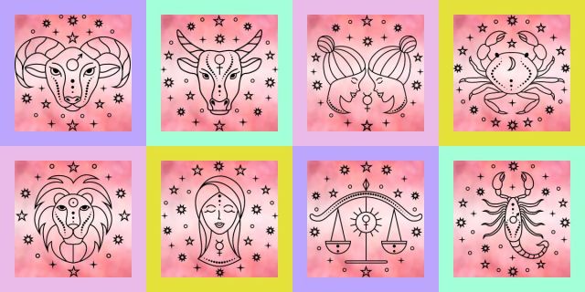 A collage of 8 drawings representing various star signs against pink backgrounds