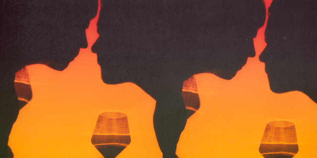 a collage featuring two people looking at each other, a glass of wine between them against a sort of sunset-esque orange background