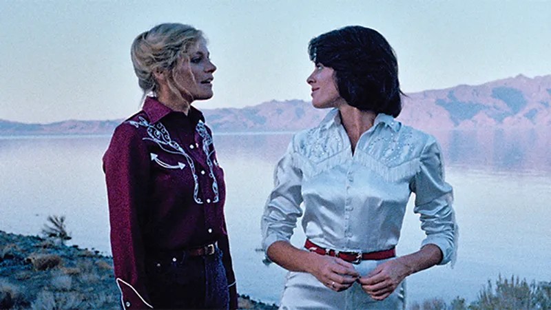 Two women in the 1980s walk the desert at sunset in Desert Hearts