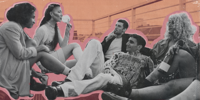 A group of queer people of various races and gender all hanging out together drinking from tea cups on a roof. The image is designed to look like a magazine collage.