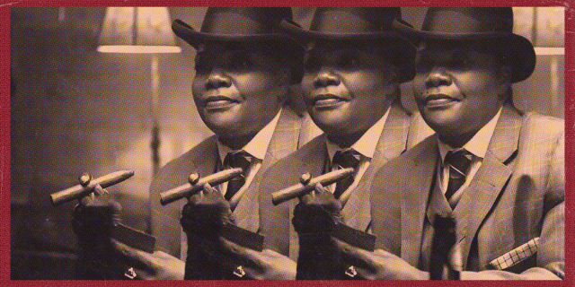 A still from Ma Rainey's Black Bottom with Monique as Ma Rainey in a butch outfit with hat and cigar repeated three times in a sepia tone