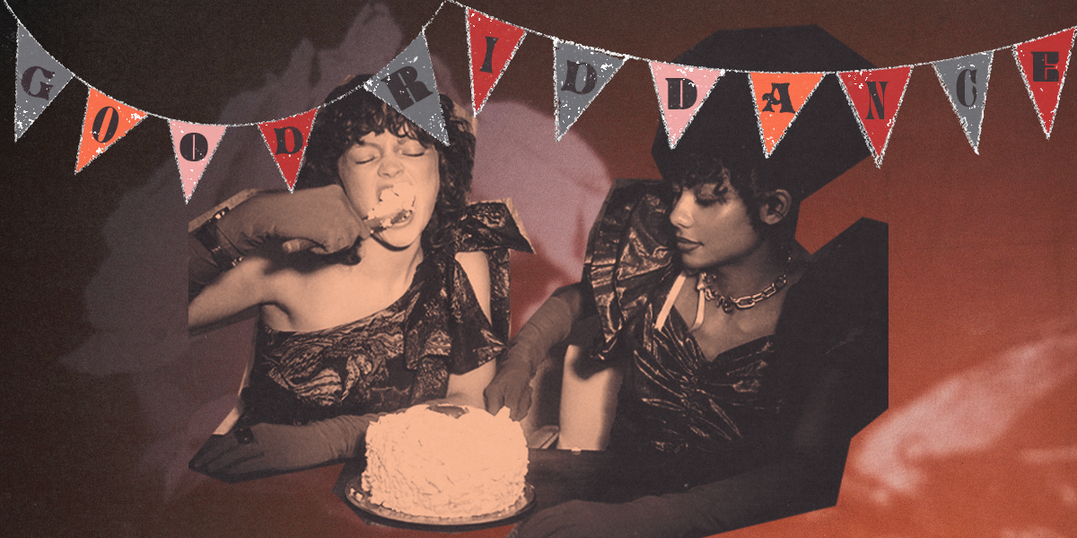 A vintage photo of two women in 1980s party dresses eating cake, the banner on top says "Good Riddance"