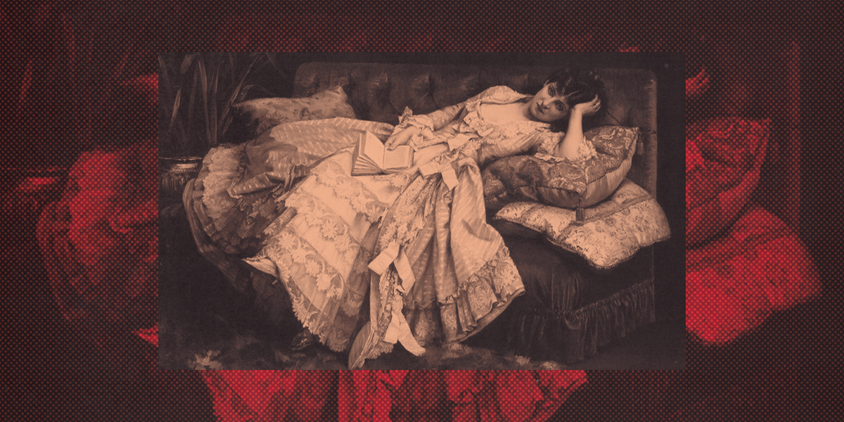 A woman in a painting from the late 1800s lays forlorn on a coach in a dark red and blush toned color palette