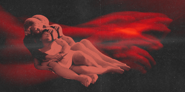 a collage of two women holding each other, limbs wrapped over each other, with the image doubled behind them and a background of flowing red waves