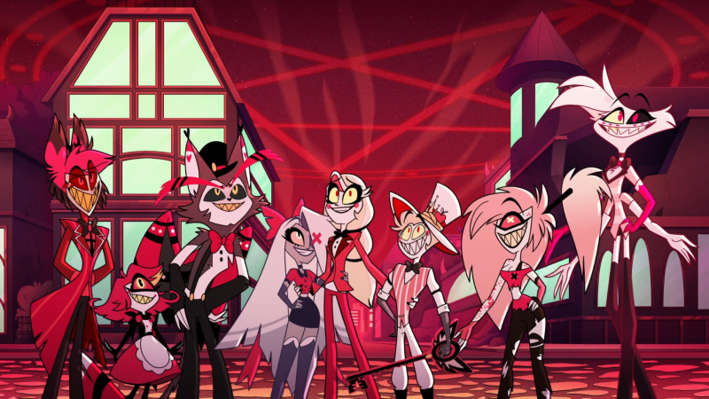 Hazbin Hotel: Charlie, Vaggie, Lucifer, Cherri Bomb, Husk, Angel Dust, Nifty, and Alastor