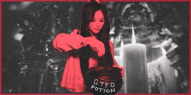 a still from the love witch with the titular character mixing a potion is in red in the center, the background is a candle lit room in black and white