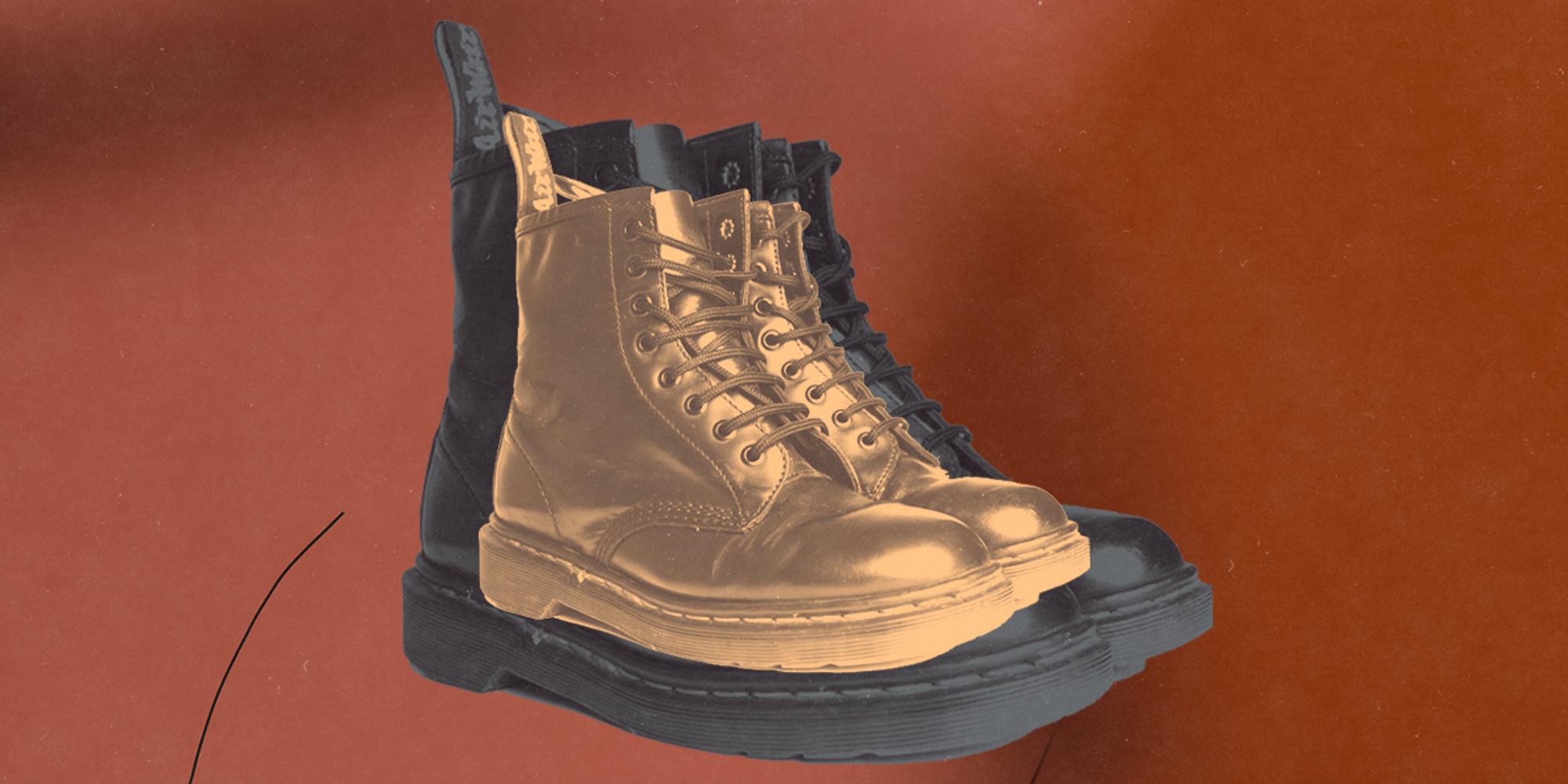 A pair of classic Black Doc Martens, collaged in rust red aesthetic colors.