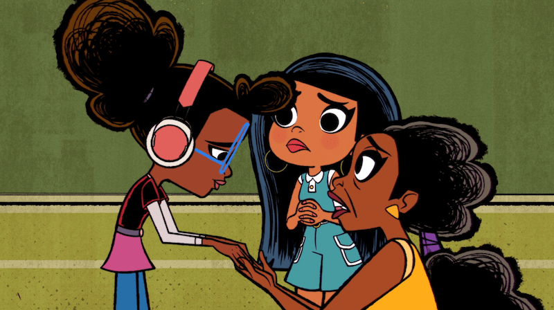 screenshot from moon girl and devil dinosaur with mimi holding lunella's hands and casey looking on in the background