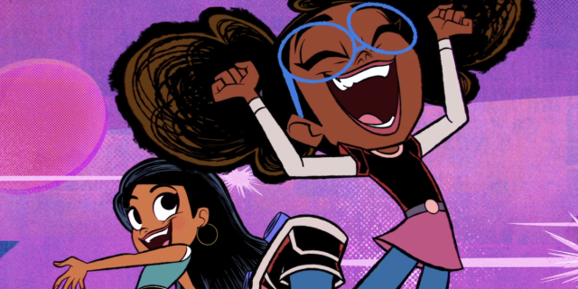 screenshot from moon girl and devil dinosaur of lunella leaping in the hair excitedly and casey looking on with joy