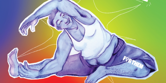 an illustration of a queer person doing yoga on a rainbow gradient background