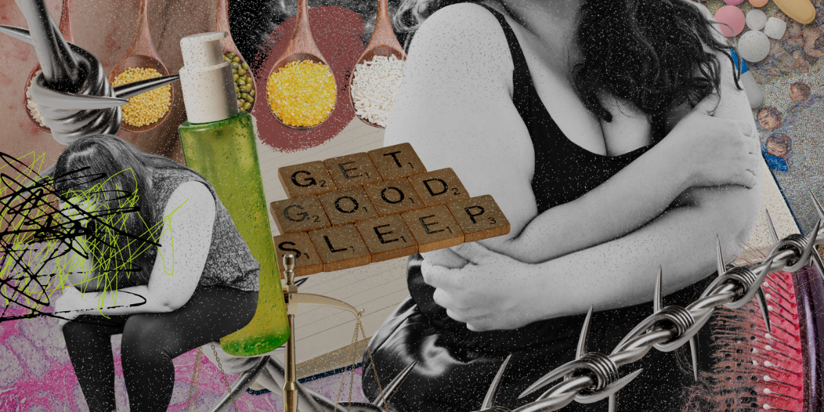 a collage that includes letter tiles that say GET GOOD SLEEP, spoons, two bodies with arms wrapped around them, a chain, pills, a bottle of liquid
